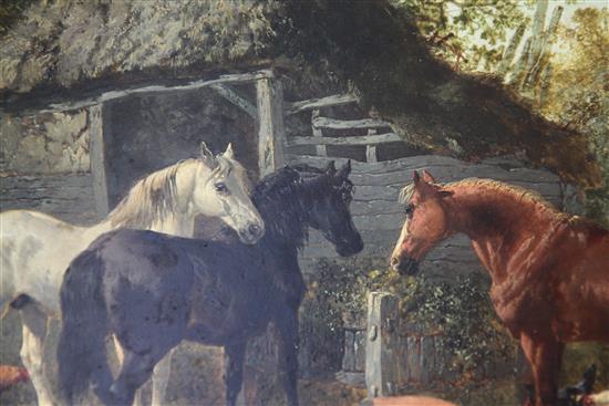 Attributed to John Frederick Herring (1815-1907) Farmyard scene with horses, chickens and pig 12 x 18in.
